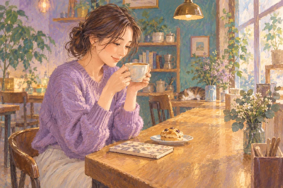 一人でカフェを楽しむイラスト（AI生成）