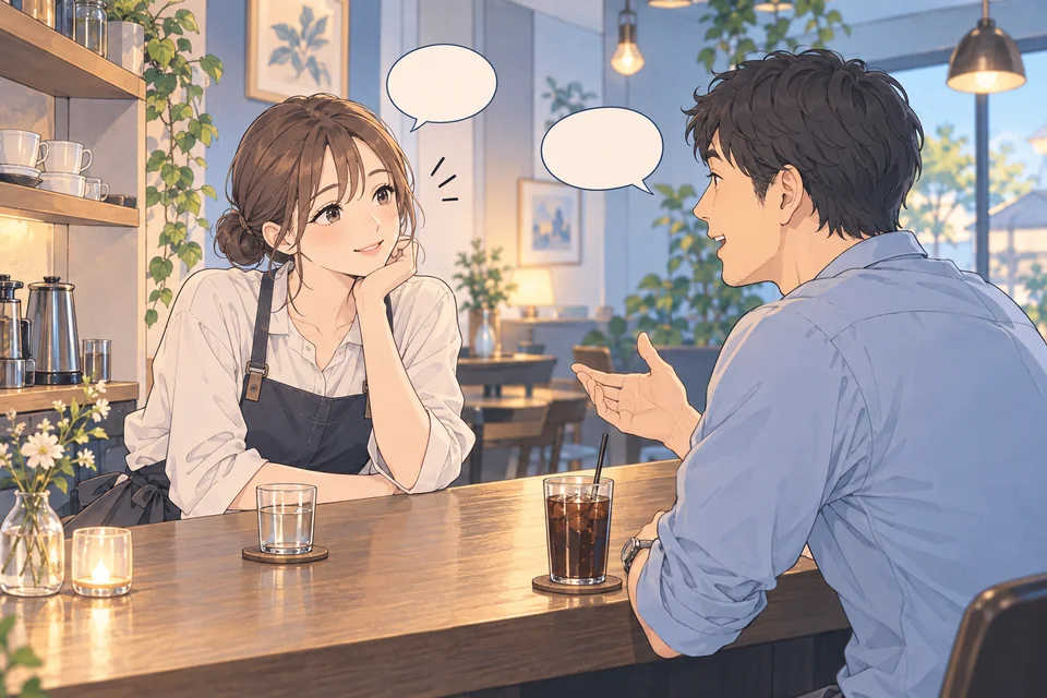会話を聞いて返す場面のイラスト（AI生成）